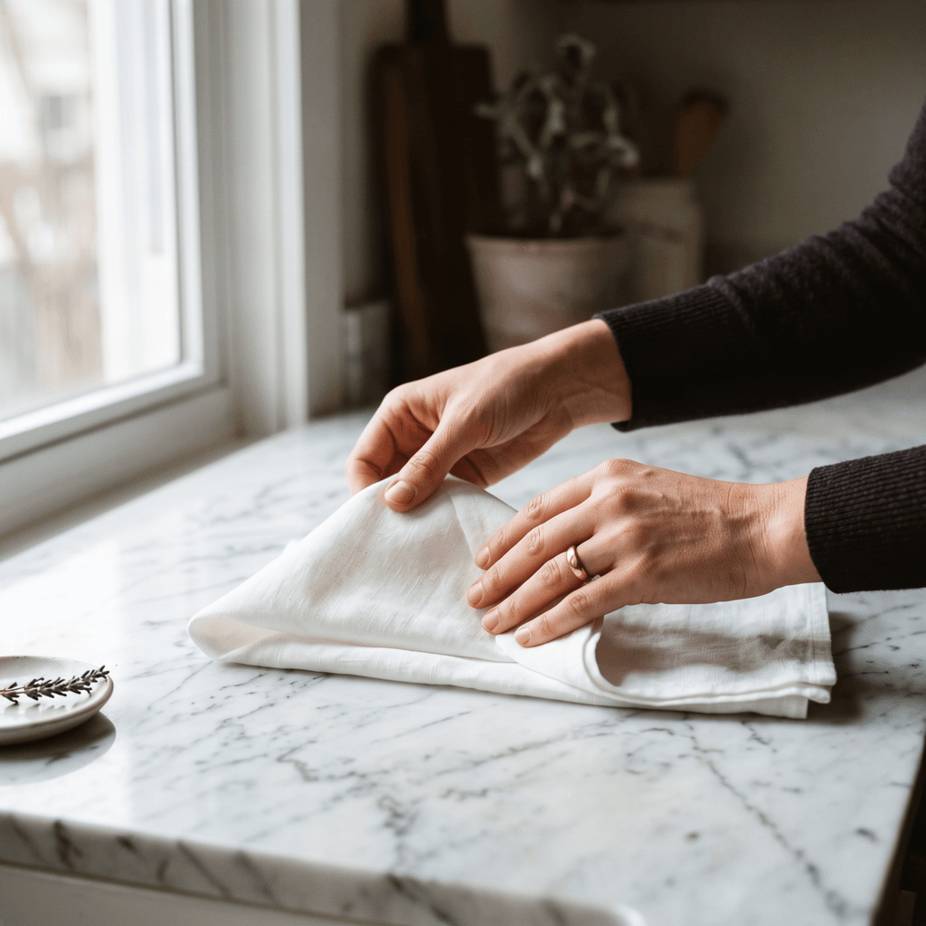 Hands folding a white linen cloth on a marble countertop beside a sunlit window