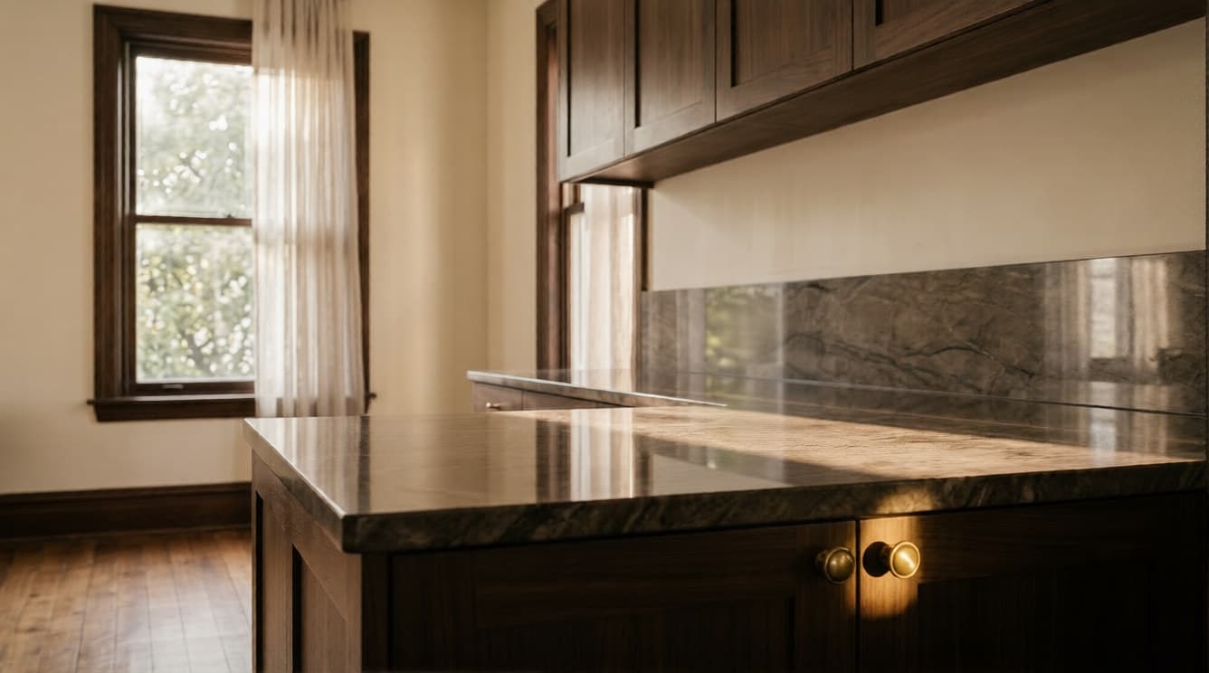 Spotless marble kitchen countertop with dark wood cabinetry and brass hardware catching afternoon light