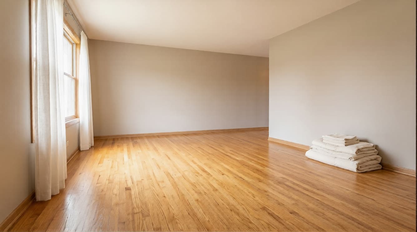 Empty apartment room with polished hardwood floors and folded ivory linens stacked in the corner