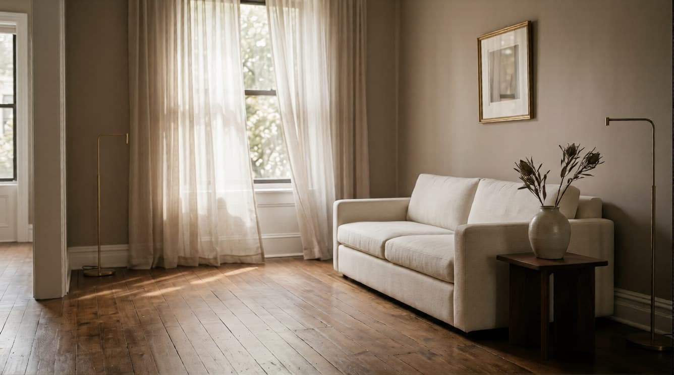 Sunlit living room with a cream sofa, brass floor lamps, and polished hardwood floors